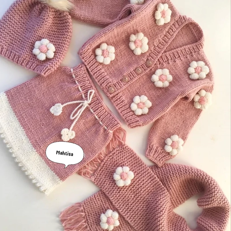 ست بافت ژاکت و دامن بهمراه هد بند نوزادی تا 3سال